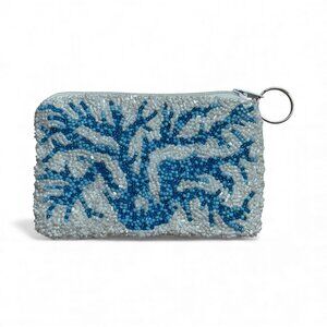 Beaded Coin Purse Abstract Coral Blue on White Zip Closure by Moyna